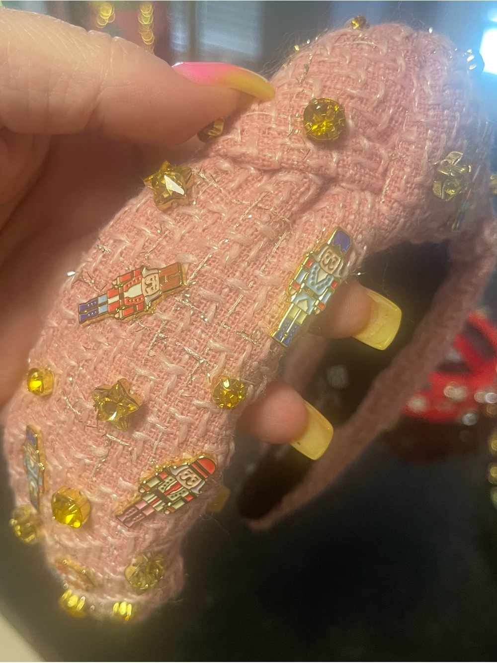 Brianna Cannon Christmas Nutcracker Pink Tweed Embellished Headband new